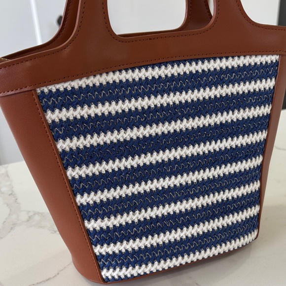 Ann Taylor Blue & White Crochet Stripe and Tan Leather Tote Bag Purse - Picture 4 of 8